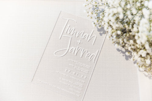 clear acrylic wedding invitation, clear acrylic with white ink