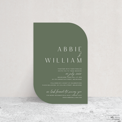 Double Up shape flat lay of Abbie wedding invitation with clean, elegant layout and timeless typography, styled with a minimalist aesthetic.