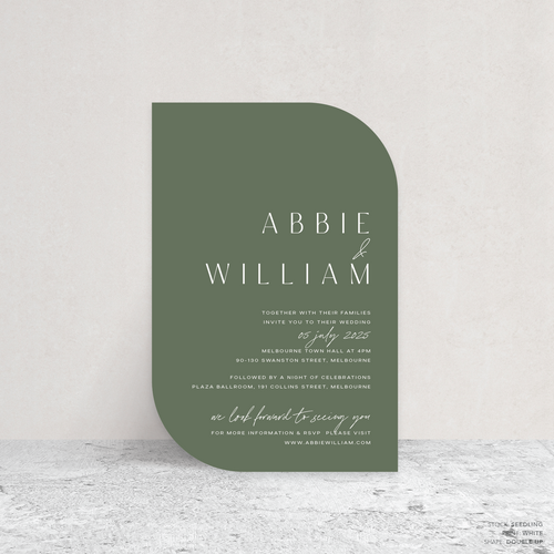 Double Up shape flat lay of Abbie wedding invitation with clean, elegant layout and timeless typography, styled with a minimalist aesthetic.