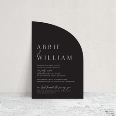 Sail shape flat lay of Abbie wedding invitation with clean, elegant layout and timeless typography, styled with a minimalist aesthetic.