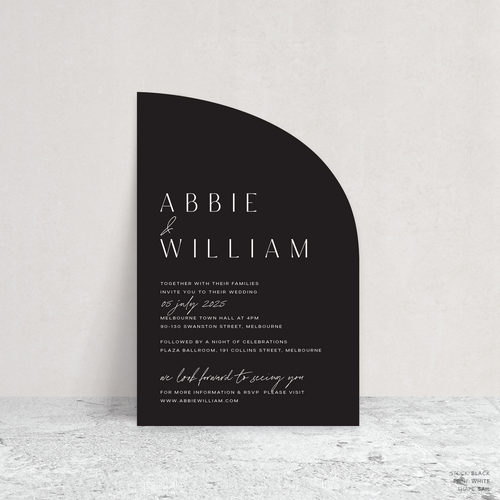 Sail shape flat lay of Abbie wedding invitation with clean, elegant layout and timeless typography, styled with a minimalist aesthetic.