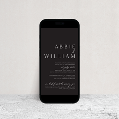 Visual mock up of Abbie digital wedding invitation with clean, elegant layout and timeless typography, styled with a minimalist aesthetic.