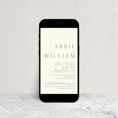 Visual mock up of Abbie digital wedding invitation with clean, elegant layout and timeless typography, styled with a minimalist aesthetic.