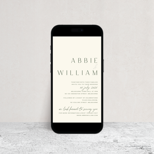 Visual mock up of Abbie digital wedding invitation with clean, elegant layout and timeless typography, styled with a minimalist aesthetic.