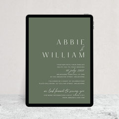 Visual mock up of Abbie digital wedding invitation with clean, elegant layout and timeless typography, styled with a minimalist aesthetic.