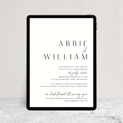 Visual mock up of Abbie digital wedding invitation with clean, elegant layout and timeless typography, styled with a minimalist aesthetic.