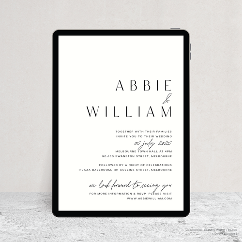 Visual mock up of Abbie digital wedding invitation with clean, elegant layout and timeless typography, styled with a minimalist aesthetic.