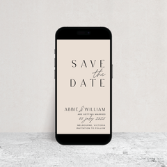 Visual mock up of Abbie wedding digital save the date with clean, elegant layout and timeless typography, styled with a minimalist aesthetic.