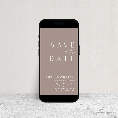 Visual mock up of Abbie wedding digital save the date with clean, elegant layout and timeless typography, styled with a minimalist aesthetic.