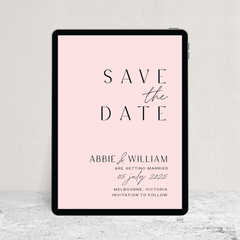 Visual mock up of Abbie wedding digital save the date with clean, elegant layout and timeless typography, styled with a minimalist aesthetic.