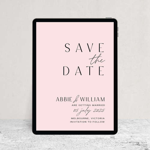 Visual mock up of Abbie wedding digital save the date with clean, elegant layout and timeless typography, styled with a minimalist aesthetic.