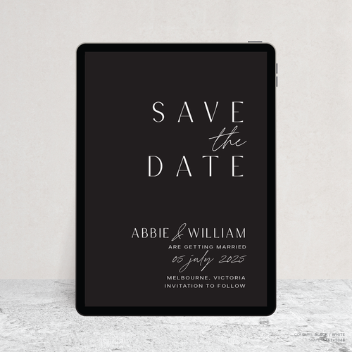 Visual mock up of Abbie wedding digital save the date with clean, elegant layout and timeless typography, styled with a minimalist aesthetic.