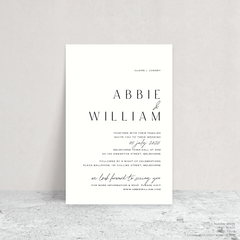 Rectangle shape flat lay of Abbie wedding invitation with clean, elegant layout and timeless typography, styled with a minimalist aesthetic.