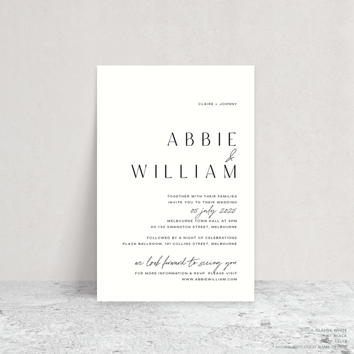Rectangle shape flat lay of Abbie wedding invitation with clean, elegant layout and timeless typography, styled with a minimalist aesthetic.