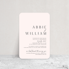 Round Corner shape flat lay of Abbie wedding invitation with clean, elegant layout and timeless typography, styled with a minimalist aesthetic.