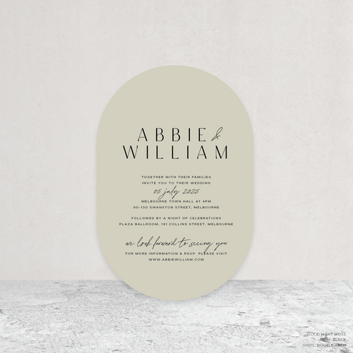 Double Arch shape flat lay of Abbie wedding invitation with clean, elegant layout and timeless typography, styled with a minimalist aesthetic.