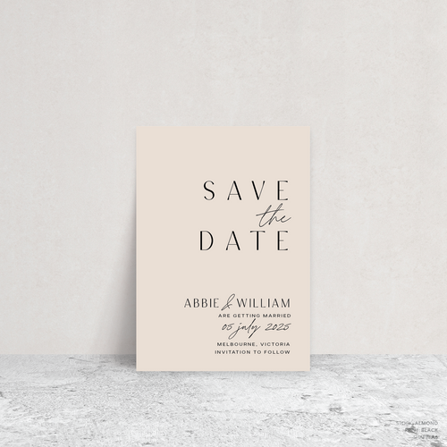 Rectangle shape flat lay of Abbie wedding save the date with clean, elegant layout and timeless typography, styled with a minimalist aesthetic.