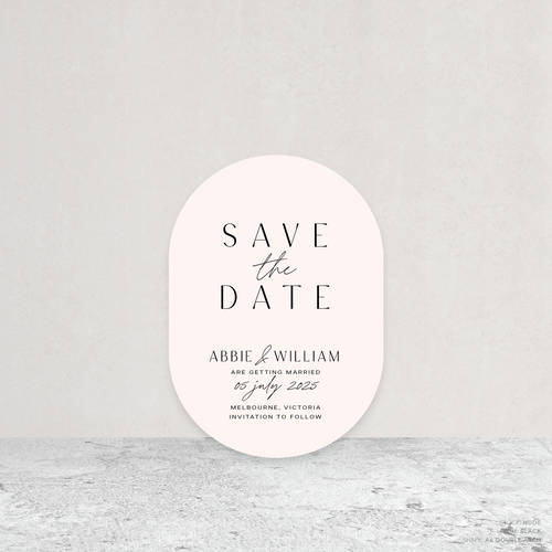 Double Arch shape flat lay of Abbie wedding save the date with clean, elegant layout and timeless typography, styled with a minimalist aesthetic.