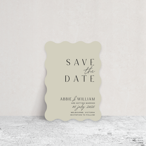 Wave shape flat lay of Abbie wedding save the date with clean, elegant layout and timeless typography, styled with a minimalist aesthetic.