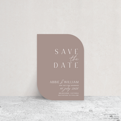 Double Up shape flat lay of Abbie wedding save the date with clean, elegant layout and timeless typography, styled with a minimalist aesthetic.