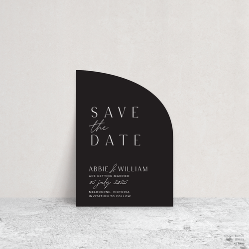 Sail shape flat lay of Abbie wedding save the date with clean, elegant layout and timeless typography, styled with a minimalist aesthetic.