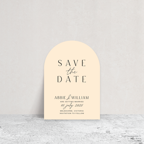 Arch shape flat lay of Abbie wedding save the date with clean, elegant layout and timeless typography, styled with a minimalist aesthetic.