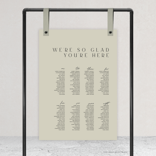 Rectangle shape flat lay of Abbie wedding seating chart with clean, elegant layout and timeless typography, styled with a minimalist aesthetic.