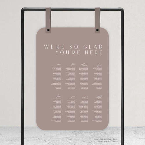 Round Corner shape flat lay of Abbie wedding seating chart with clean, elegant layout and timeless typography, styled with a minimalist aesthetic.
