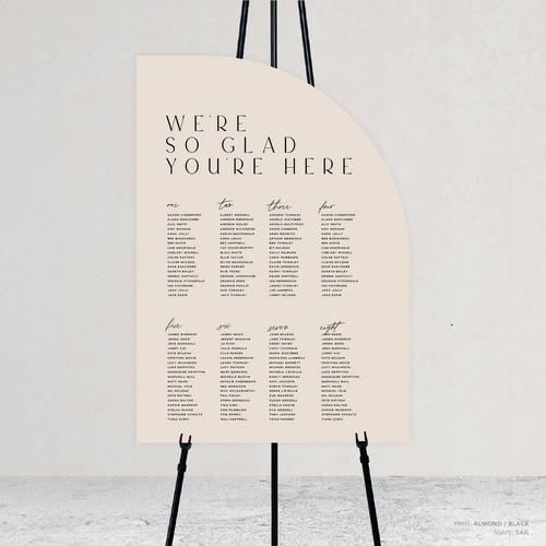 Sail shape flat lay of Abbie wedding seating chart with clean, elegant layout and timeless typography, styled with a minimalist aesthetic.