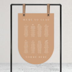 Bottom Arch shape flat lay of Abbie wedding seating chart with clean, elegant layout and timeless typography, styled with a minimalist aesthetic.