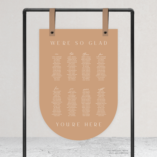 Bottom Arch shape flat lay of Abbie wedding seating chart with clean, elegant layout and timeless typography, styled with a minimalist aesthetic.