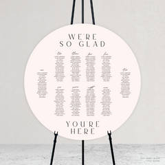 Round shape flat lay of Abbie wedding seating chart with clean, elegant layout and timeless typography, styled with a minimalist aesthetic.