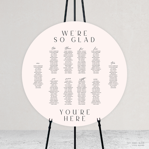 Round shape flat lay of Abbie wedding seating chart with clean, elegant layout and timeless typography, styled with a minimalist aesthetic.