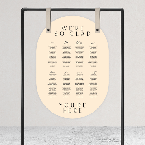 Double Arch shape flat lay of Abbie wedding seating chart with clean, elegant layout and timeless typography, styled with a minimalist aesthetic.