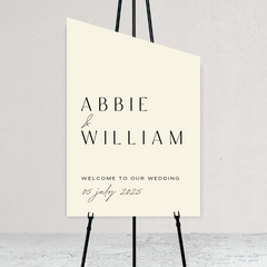 Angle shape flat lay of Abbie wedding welcome sign with clean, elegant layout and timeless typography, styled with a minimalist aesthetic.