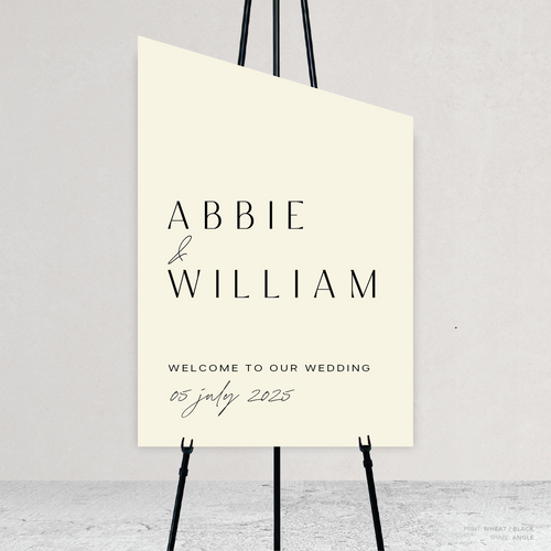 Angle shape flat lay of Abbie wedding welcome sign with clean, elegant layout and timeless typography, styled with a minimalist aesthetic.