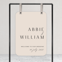 Round Corner shape flat lay of Abbie wedding welcome sign with clean, elegant layout and timeless typography, styled with a minimalist aesthetic.