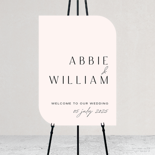 Double Up shape flat lay of Abbie wedding welcome sign with clean, elegant layout and timeless typography, styled with a minimalist aesthetic.