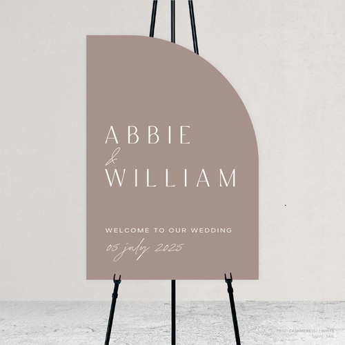 Sail shape flat lay of Abbie wedding welcome sign with clean, elegant layout and timeless typography, styled with a minimalist aesthetic.