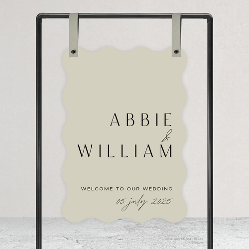 Wave shape flat lay of Abbie wedding welcome sign with clean, elegant layout and timeless typography, styled with a minimalist aesthetic.