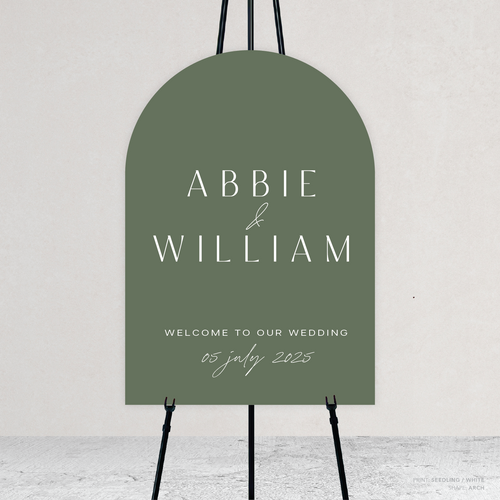 Arch shape flat lay of Abbie wedding welcome sign with clean, elegant layout and timeless typography, styled with a minimalist aesthetic.