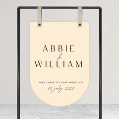 Bottom Arch shape flat lay of Abbie wedding welcome sign with clean, elegant layout and timeless typography, styled with a minimalist aesthetic.
