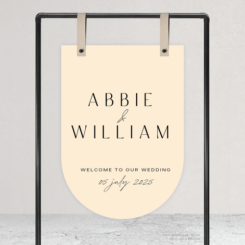 Bottom Arch shape flat lay of Abbie wedding welcome sign with clean, elegant layout and timeless typography, styled with a minimalist aesthetic.