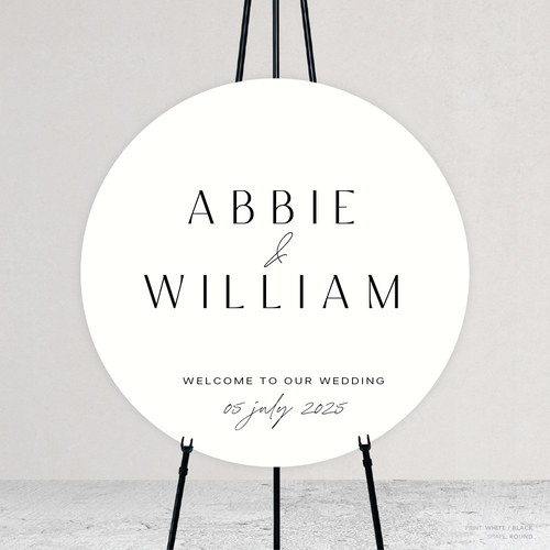 Round shape flat lay of Abbie wedding welcome sign with clean, elegant layout and timeless typography, styled with a minimalist aesthetic.