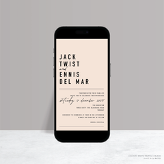 Visual design mock up of Never Let You Go digital wedding invitation featuring bold and delicate typography with modern, expressive layout and semi-custom design.