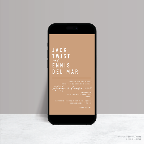 Visual design mock up of Never Let You Go digital wedding invitation featuring bold and delicate typography with modern, expressive layout and semi-custom design.
