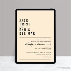 Visual design mock up of Never Let You Go digital wedding invitation featuring bold and delicate typography with modern, expressive layout and semi-custom design.