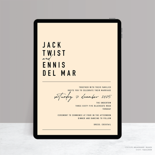 Visual design mock up of Never Let You Go digital wedding invitation featuring bold and delicate typography with modern, expressive layout and semi-custom design.