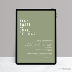 Visual design mock up of Never Let You Go digital wedding invitation featuring bold and delicate typography with modern, expressive layout and semi-custom design.