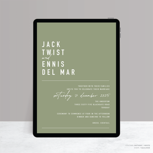 Visual design mock up of Never Let You Go digital wedding invitation featuring bold and delicate typography with modern, expressive layout and semi-custom design.